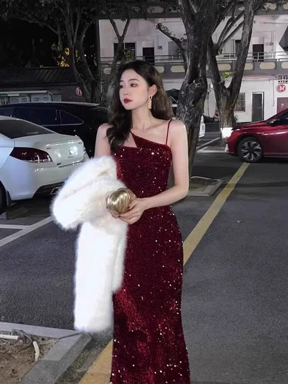 Gorgeous Sheath Spaghetti Straps Wine Red Sequin Evening Dress Prom Dresses Birthday Outfits HZ1024