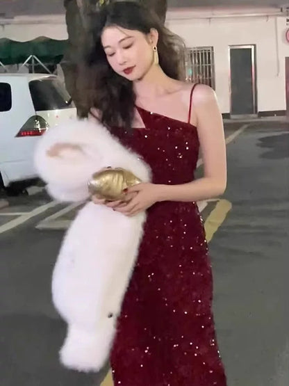 Gorgeous Sheath Spaghetti Straps Wine Red Sequin Evening Dress Prom Dresses Birthday Outfits HZ1024