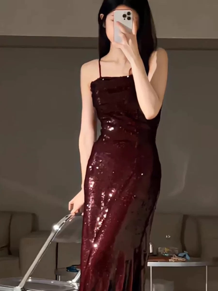 Gorgeous Mermaid Spaghetti Straps Burgundy Sequin Evening Dress Prom Dresses Birthday Outfits HZ1024