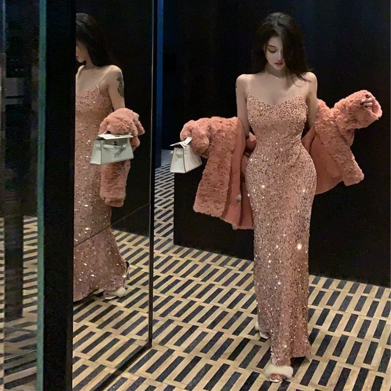 Gorgeous Mermaid Straps Pink Sequin Evening Dress Prom Dresses Birthday Outfits HZ1024