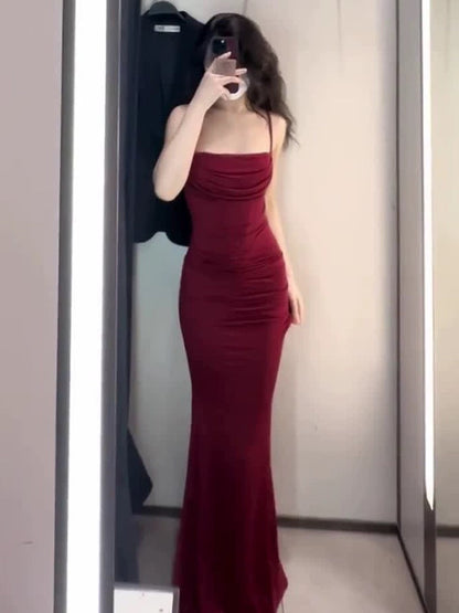 Gorgeous Mermaid Spaghetti Straps Burgundy Evening Dress Prom Dresses Birthday Outfits HZ1024