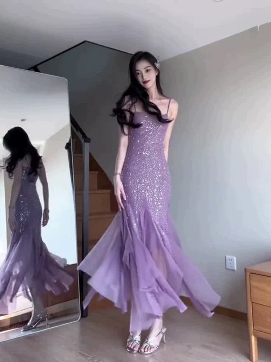 Pretty Mermaid Spaghetti Straps Chiffon Evening Dress Prom Dresses With Beads HZ1024
