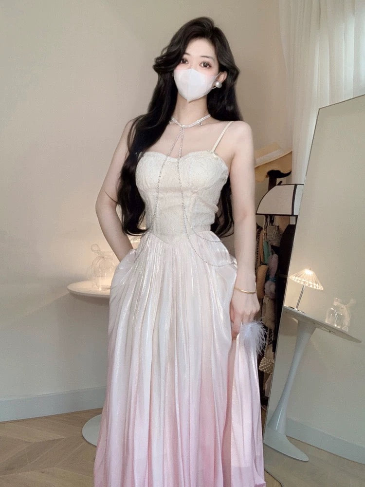 Vintage A Line Spaghetti Straps Ombre Pink Long Evening Dress Prom Dresses HZ1024