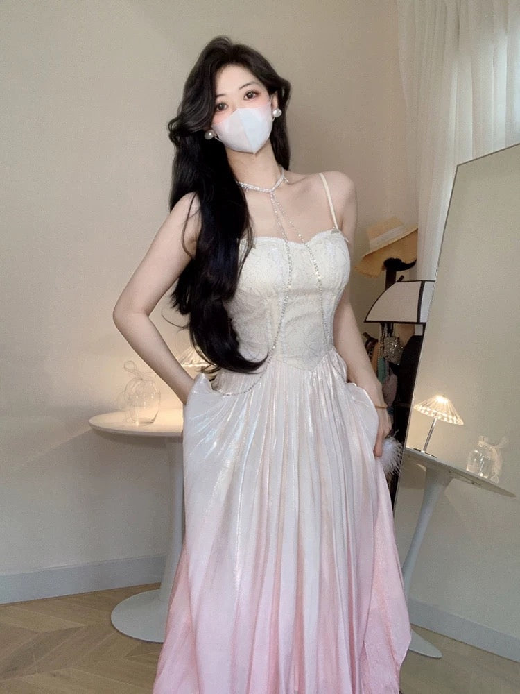Vintage A Line Spaghetti Straps Ombre Pink Long Evening Dress Prom Dresses HZ1024