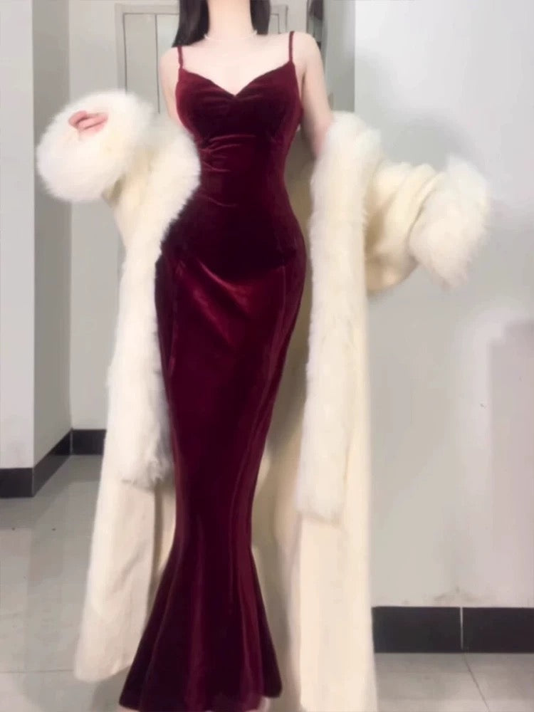 Sexy Mermaid Straps Burgundy Long Evening Dress Prom Dresses Birthday Outfits HZ1024
