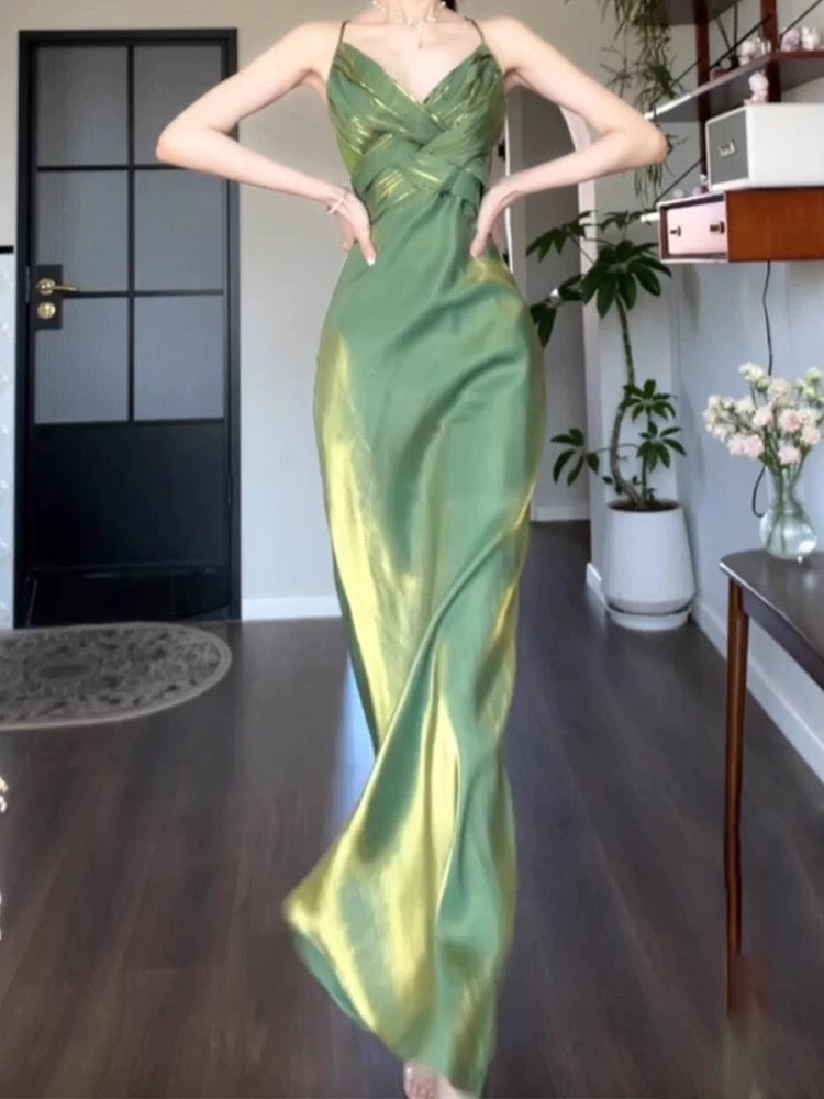 Vintage Sheath Spaghetti Straps Green Chiffon Long Evening Dress Prom Dresses HZ1024