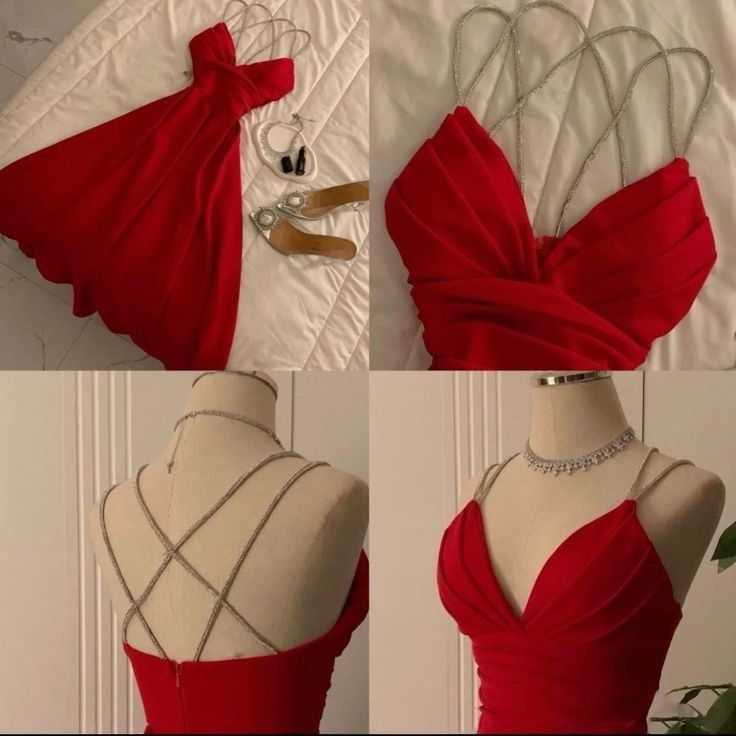 Vintage A Line Straps Red Satin Beading Evening Dress Prom Dresses HZ1024