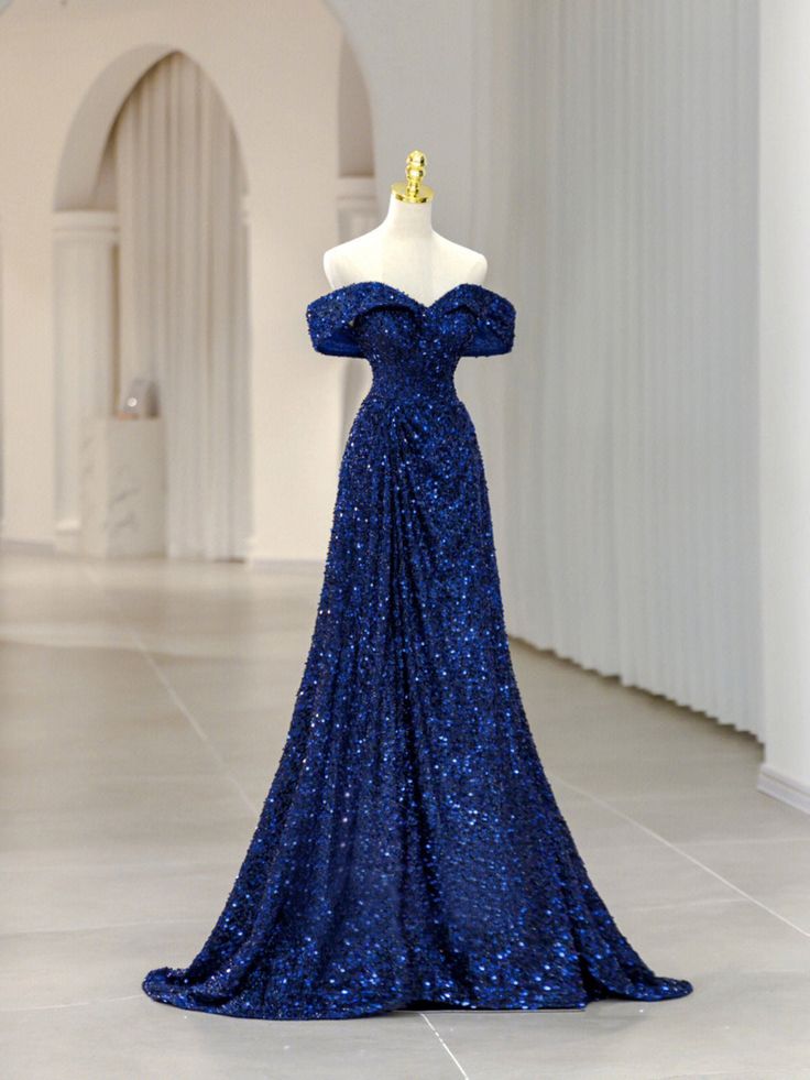 Vintage A line Off The Shoulder Royal Blue Sequin Long Evening Dress Prom Dresses HZ1024