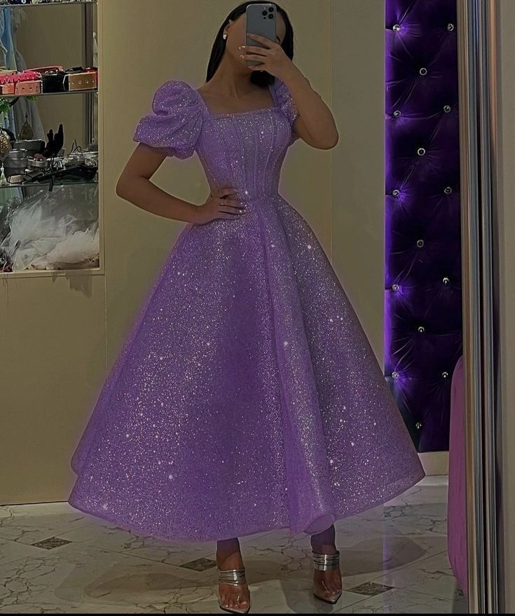 Vintage Ball Gown Square Neckline Lilac Sequin Evening Dress Prom Dresses HZ1024