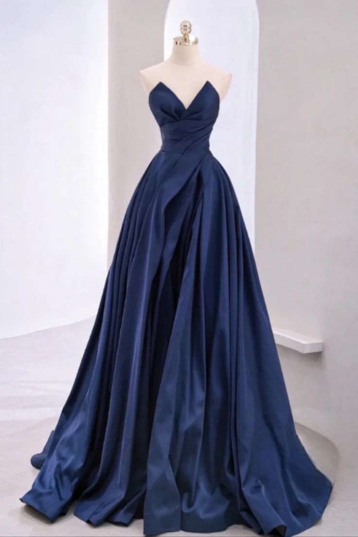 Pretty A Line Sweetheart Navy Blue Satin Long Prom Dress Evening Dresses HZ1024