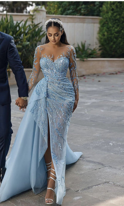 Pretty Sheath Scoop Long Sleeves Sequin Slit Prom Dress Evening Dresses HZ1024