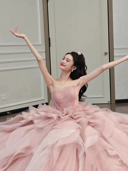 Vintage Ball Gown Strapless Pink Long Prom Dresses Tulle Layers Evening Dress HZ1024