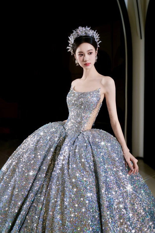 Vintage Ball Gown Strapless Sequin Silver Long Prom Dresses Layers Evening Dress HZ1024