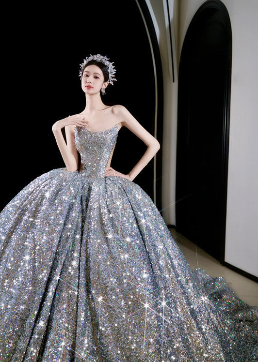 Vintage Ball Gown Strapless Sequin Silver Long Prom Dresses Layers Evening Dress HZ1024