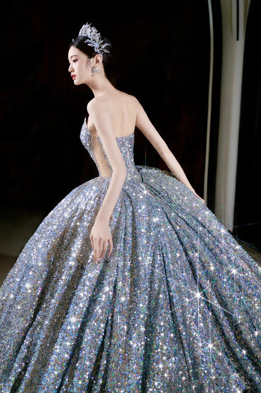 Vintage Ball Gown Strapless Sequin Silver Long Prom Dresses Layers Evening Dress HZ1024