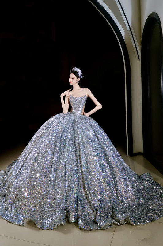 Vintage Ball Gown Strapless Sequin Silver Long Prom Dresses Layers Evening Dress HZ1024