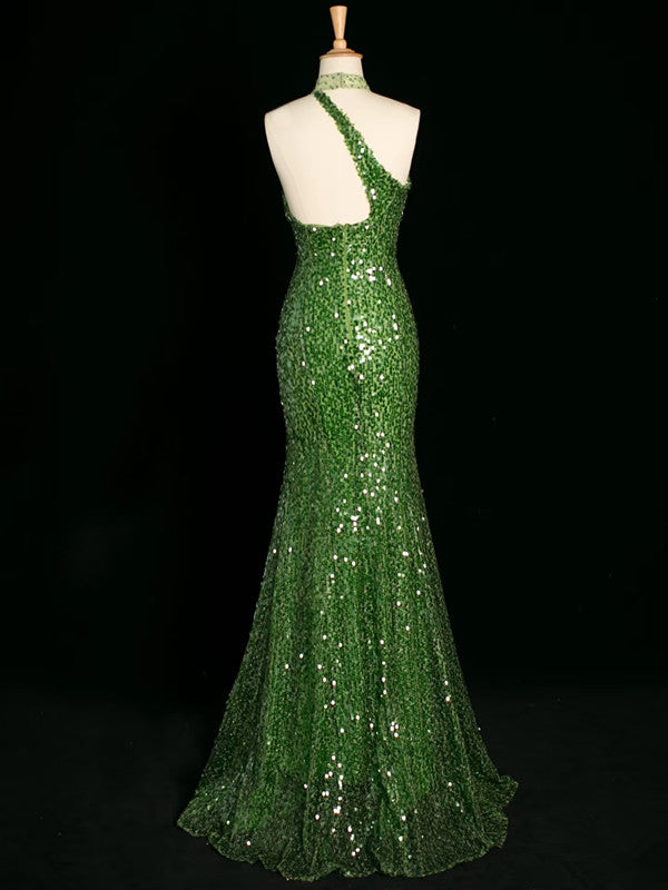 Sexy Sheath One Shoulder Green Sequin Prom Dresses Party Evening Dress With Beads HZ1024