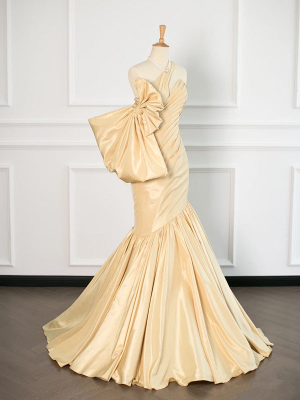Sexy Mermaid One Shoulder Yellow Satin Long Prom Dresses Party Evening Dress With Bow HZ1024