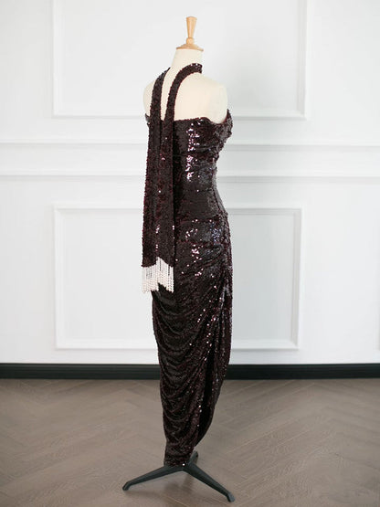 Sexy Sheath Strapless Sequin Prom Dresses Party Evening Dress With Ruffles HZ1024