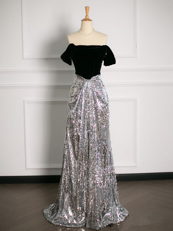 Sexy A Line Off The Shoulder Sequin Prom Dresses Party Evening Dress With Ruffles HZ1024