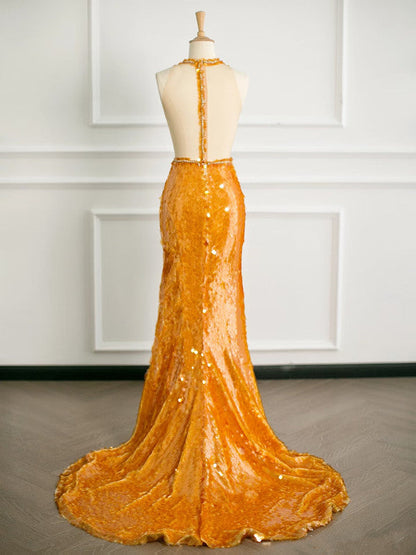 Sexy Mermaid Scoop Neckline Orange Sequin Prom Dresses Party Evening Dress With Beads HZ1024