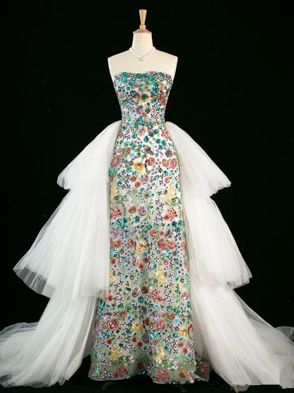 Vintage A Line Strapless Sequin Floral Long Prom Dresses Evening Dress HZ1024