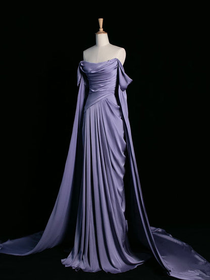 Pretty A Line Off The Shoulder Grape Satin Long Prom Dresses Party Evening Dress HZ1024
