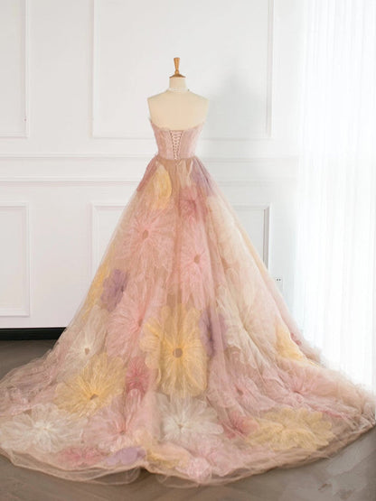 Pretty Ball Gown Sweetheart Floral Tulle Long Prom Dresses Party Gown Evening Dress HZ1024