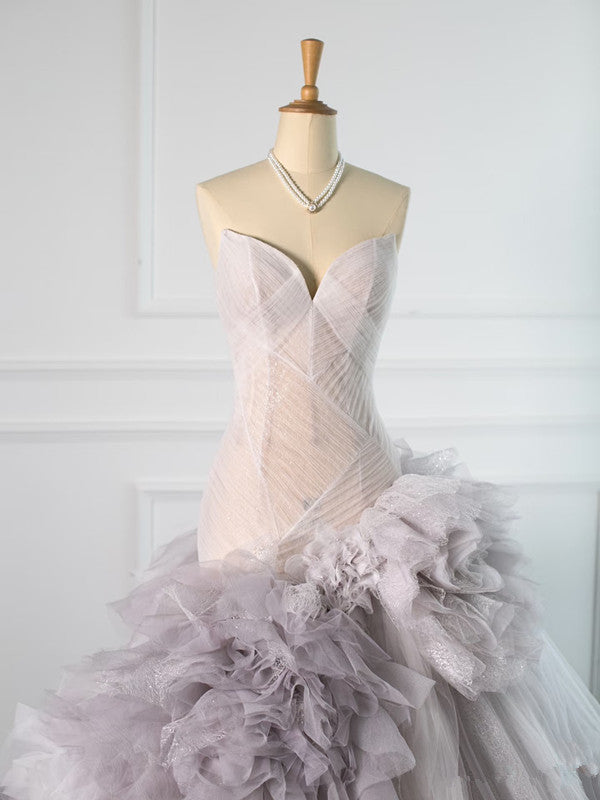 Pretty Mermaid Strapless Lilac Tulle Long Prom Dresses Party Gown Evening Dress HZ1024