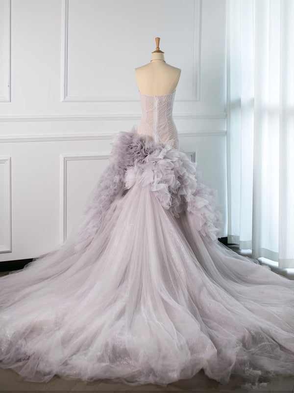 Pretty Mermaid Strapless Lilac Tulle Long Prom Dresses Party Gown Evening Dress HZ1024