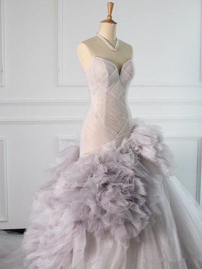 Pretty Mermaid Strapless Lilac Tulle Long Prom Dresses Party Gown Evening Dress HZ1024