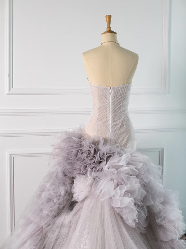 Pretty Mermaid Strapless Lilac Tulle Long Prom Dresses Party Gown Evening Dress HZ1024
