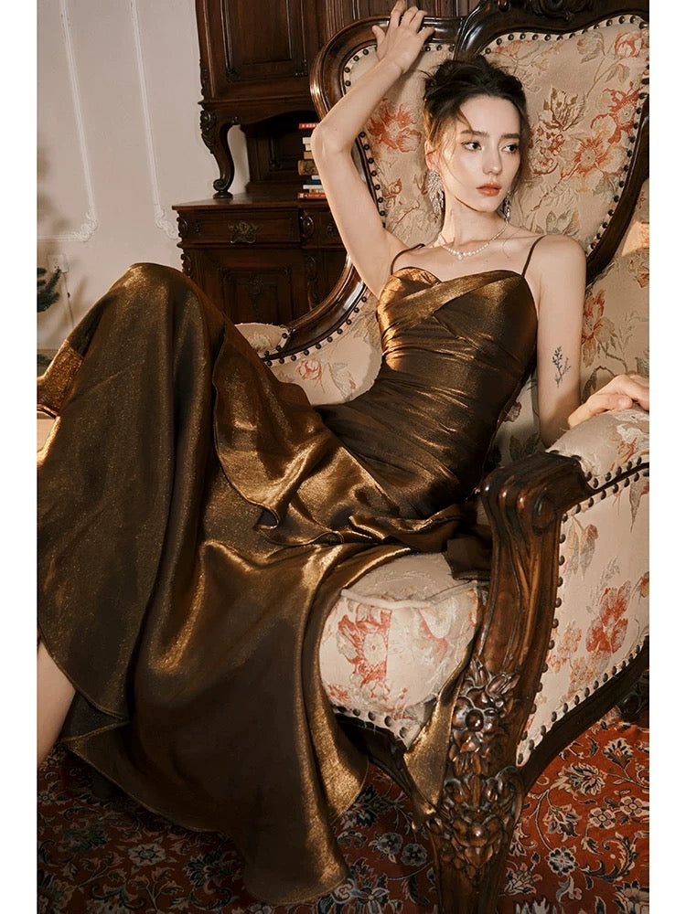 Pretty Mermaid Spaghetti Straps Brown Long Prom Dresses Party Evening Dress HZ1024