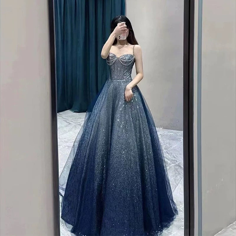 Pretty Ball Gown Spaghetti Straps Navy Blue Long Prom Dresses Party Evening Dress HZ1024