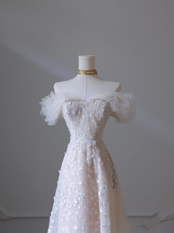 Pretty A Line Off The Shoulder White Tulle Floral Long Prom Dresses Party Evening Dress HZ1024