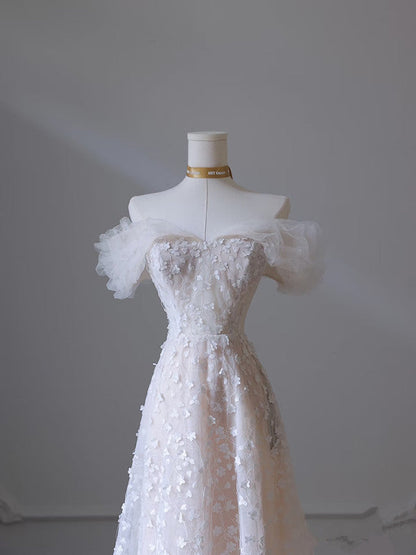 Pretty A Line Off The Shoulder White Tulle Floral Long Prom Dresses Party Evening Dress HZ1024