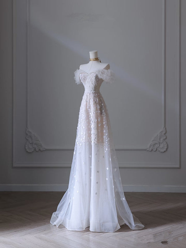 Pretty A Line Off The Shoulder White Tulle Floral Long Prom Dresses Party Evening Dress HZ1024