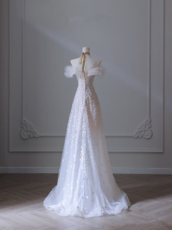 Pretty A Line Off The Shoulder White Tulle Floral Long Prom Dresses Party Evening Dress HZ1024