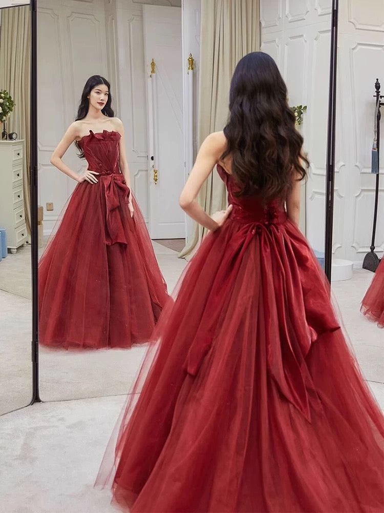 Pretty A line Strapless Burgundy Tulle Long Prom Dresses Party Evening Dress HZ1024
