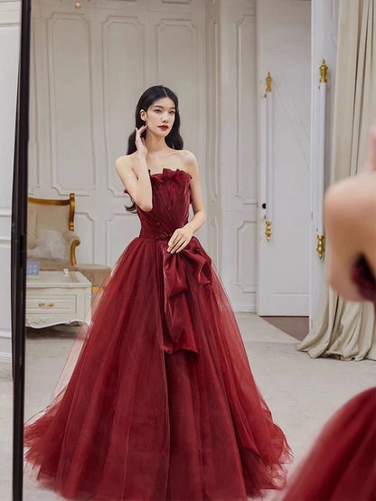 Pretty A line Strapless Burgundy Tulle Long Prom Dresses Party Evening Dress HZ1024
