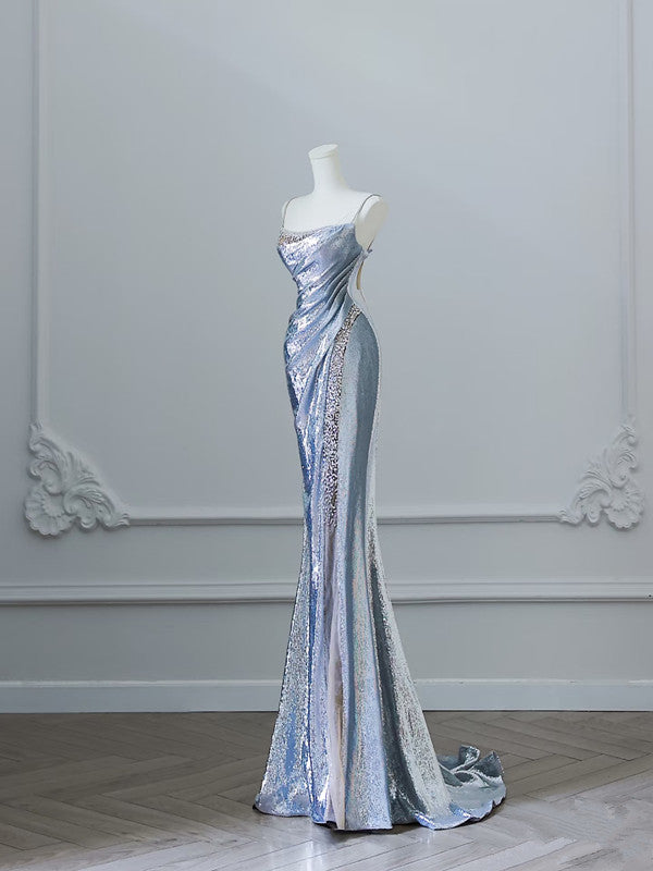 Pretty Mermaid Spaghetti Straps Sequin Blue Long Prom Dresses Party Evening Dress HZ1024