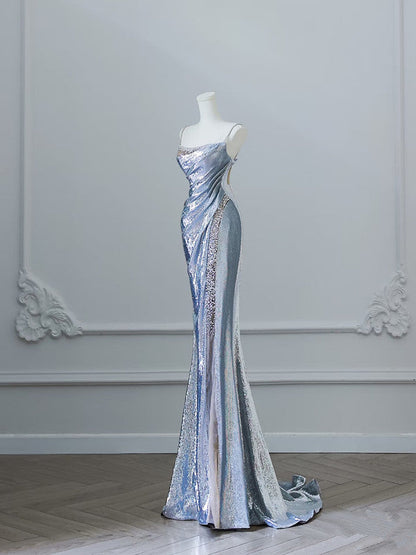 Pretty Mermaid Spaghetti Straps Sequin Blue Long Prom Dresses Party Evening Dress HZ1024