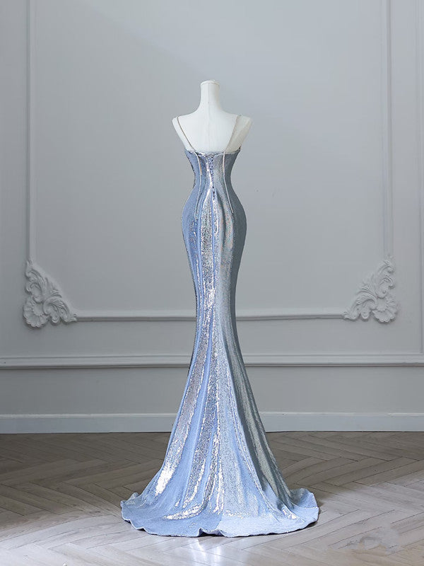 Pretty Mermaid Spaghetti Straps Sequin Blue Long Prom Dresses Party Evening Dress HZ1024
