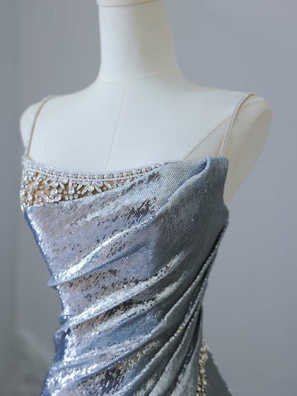 Pretty Mermaid Spaghetti Straps Sequin Blue Long Prom Dresses Party Evening Dress HZ1024