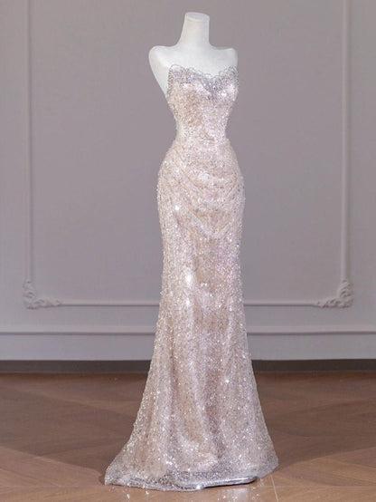Shiny Mermaid Strapless Tulle Sequin Long Prom Dress,Formal Evening Dress HZ1024