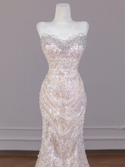 Shiny Mermaid Strapless Tulle Sequin Long Prom Dress,Formal Evening Dress HZ1024