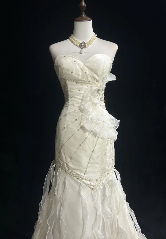 Sweetheart Mermaid Satin Chiffon Ruffle Beaded Long Prom Dress,Wedding Dress,Evening Dress HZ1024