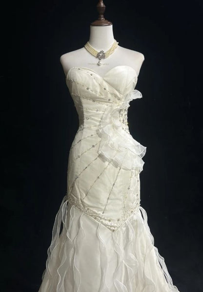 Sweetheart Mermaid Satin Chiffon Ruffle Beaded Long Prom Dress,Wedding Dress,Evening Dress HZ1024