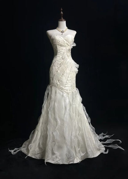 Sweetheart Mermaid Satin Chiffon Ruffle Beaded Long Prom Dress,Wedding Dress,Evening Dress HZ1024