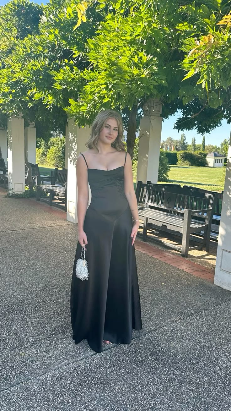 Elegant Black A Line Spaghetti Straps Satin Long Prom Dress, Evening Dress HZ1024